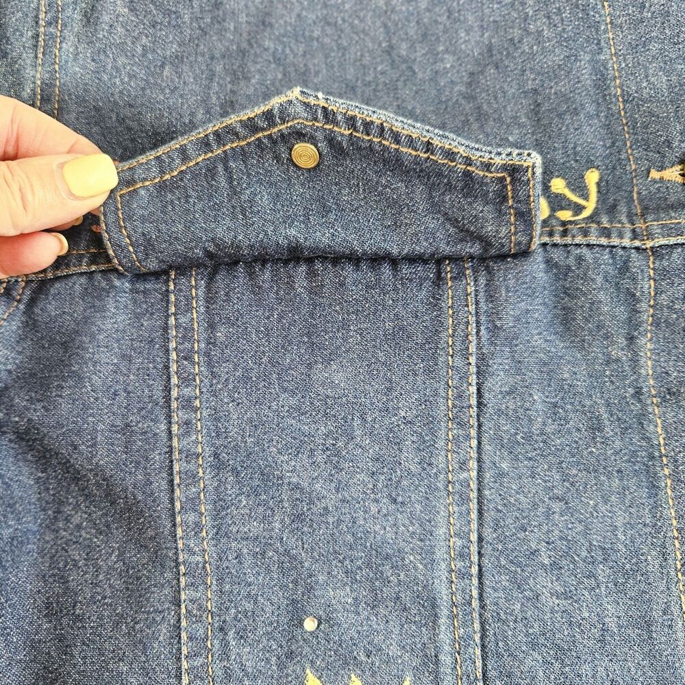 Quacker Factory Blue Denim Jacket Size M Fall Pumpkins Scarecrow Sunflowers - Picture 8 of 12
